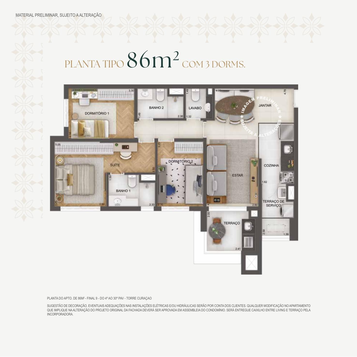 Planta 86m² Tipo · 3 dorms