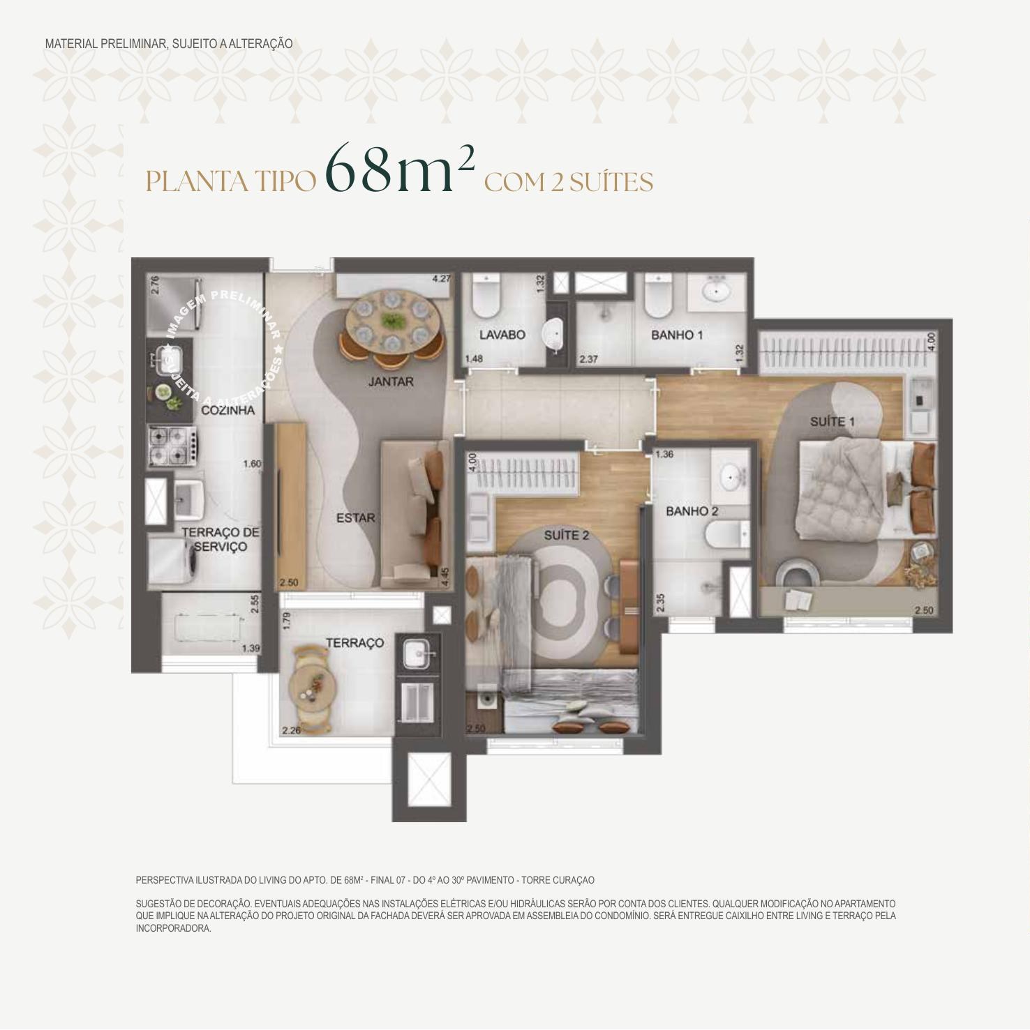 Planta 68m² 2 suítes