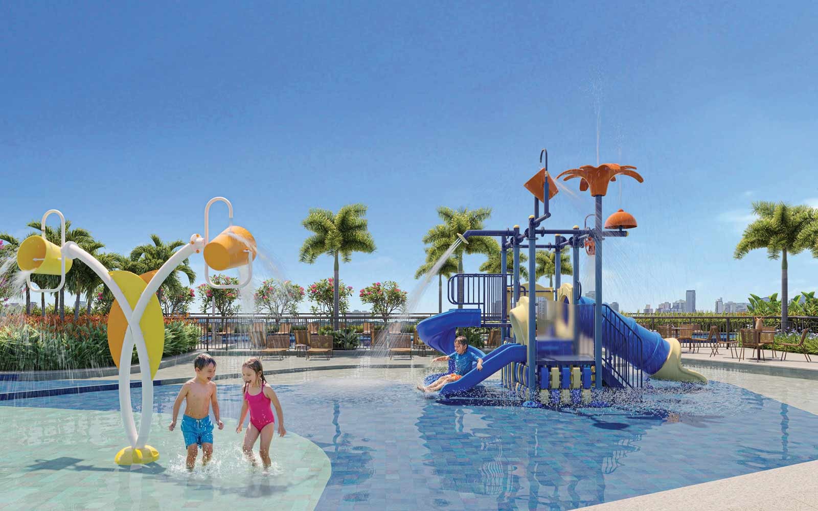 Espaço família com piscina e área de convivência